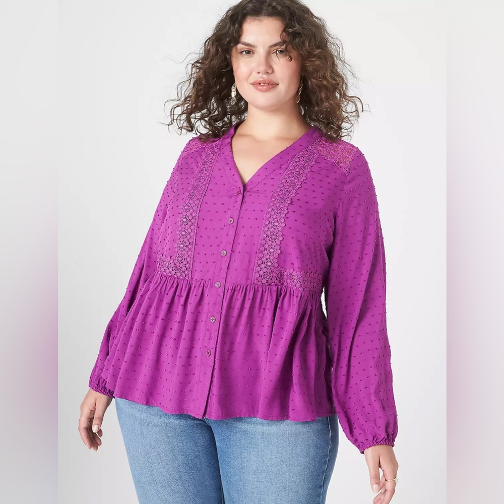 LANE BRYANT Classic Long-Sleeve Split-Neck Button-Down Peplum Blouse
